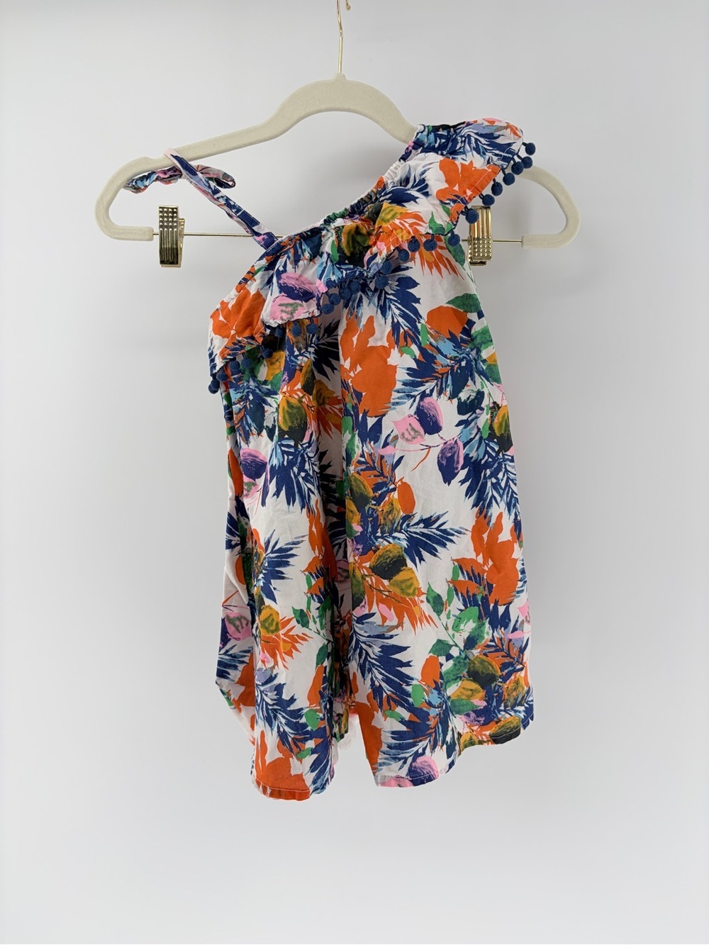 Tommy Bahama Girls Tropical One-Shoulder Ruffle Pom Dress Small 100% Cotton